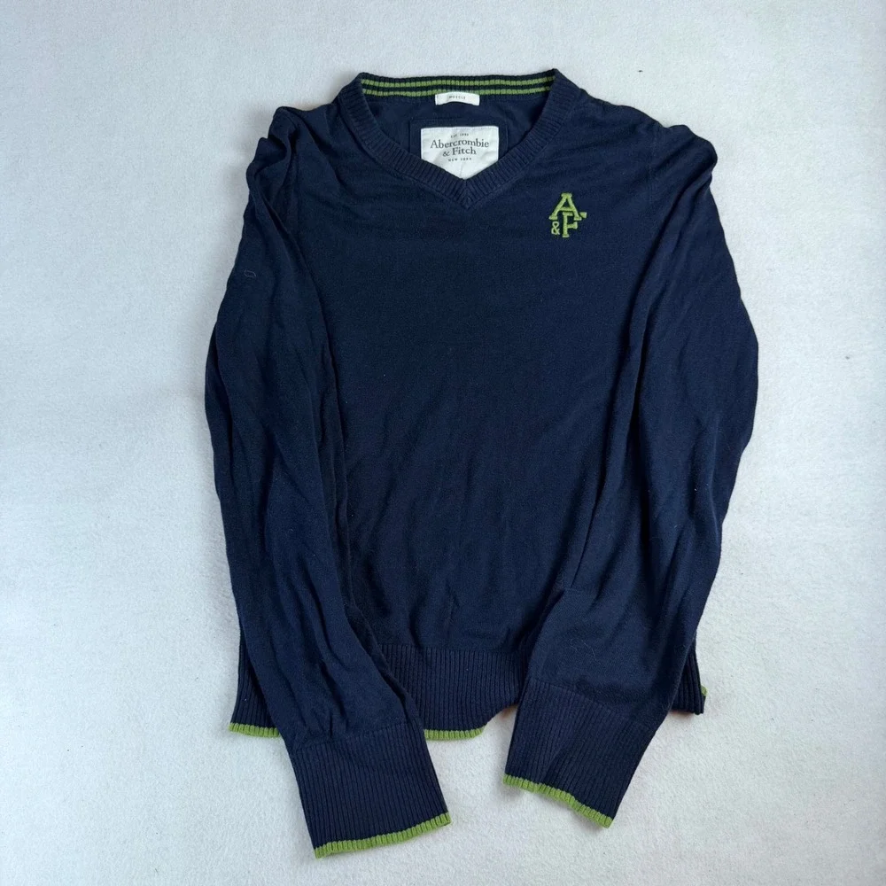 Vintage Abercrombie & Fitch Mens XL Muscle Fit V-Neck Sweater Navy Green Logo